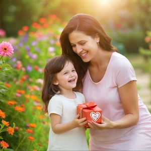 Happy Mother's Day square red gift box with ribbon and heart label held by mother and daughter