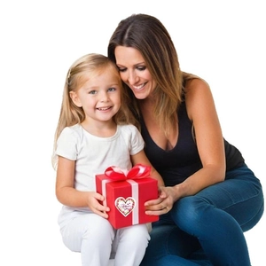 Mother's Day gift box with heart-shaped sticker label and red ribbon decoration