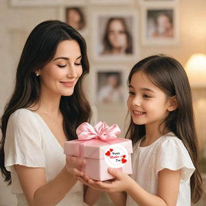 Boîte cadeau rose Fête des Mères tenue par une mère et sa fille avec un autocollant festif