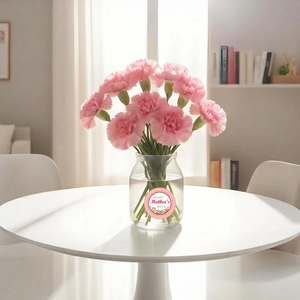 Pink carnation bouquet in glass vase with Happy Mother's Day round floral label