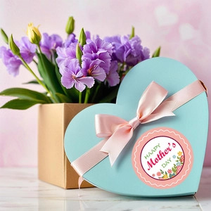 Light blue heart gift box with pink ribbon and Happy Mother's Day floral sticker