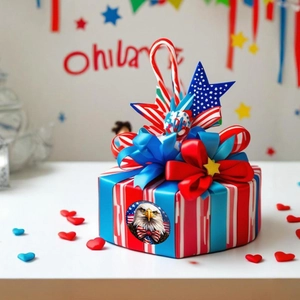 Independence Day gift box with USA eagle sticker, ribbons and star decorations