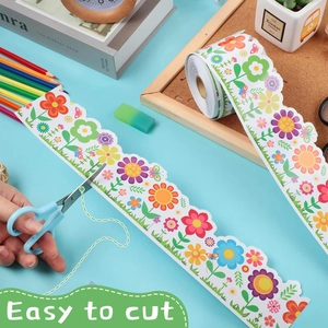Colorful floral bulletin board border trim roll with easy-to-cut wavy edges for DIY decor