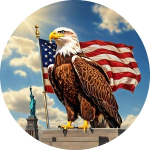 Independence Day round sticker with bald eagle, American flag and Statue of Liberty