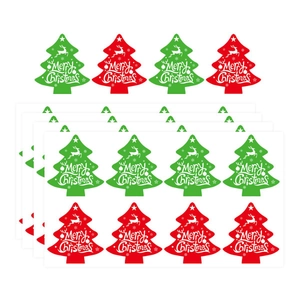 Christmas tree shaped decorative stickers featuring Merry Christmas text and reindeer motifs