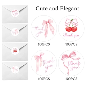 50mm pink bow and cherry thank you stickers on white envelopes, 4 cute designs