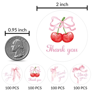 Set of 400 pink bow and cherry thank you stickers in 2-inch round size for gift packing