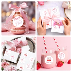 2-inch pink bow and cherry thank you stickers on gift boxes and packaging bags
