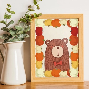Pumpkin bulletin board border stickers with cute bear illustration in wooden frame