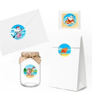 Autocollants de Père Noël surfeur pour l'emballage de cadeaux et d'étiquettes