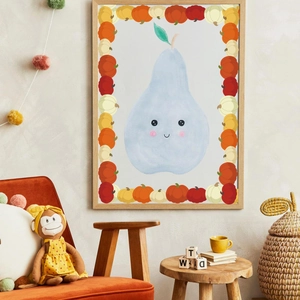 Nursery wall art with a cute blue pear illustration framed by pumpkin pattern borders