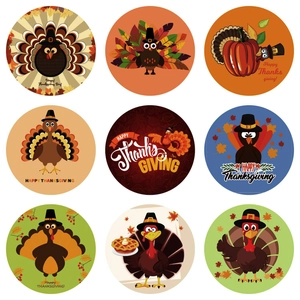 Set of 9 round Happy Thanksgiving stickers featuring cartoon turkeys, pumpkins, and maple leaves