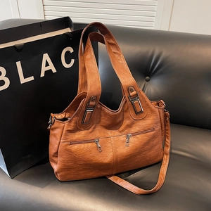 Sac Fourre-Tout Grande Capacité Pour Femmes Cuir PU Vintage Épaule Sac Bandoulière Avec Poignées Et Poches Zippées