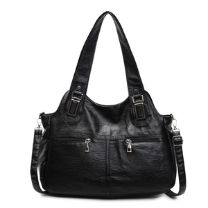 Sac fourre-tout noir en cuir PU avec double fermeture éclair et bandoulière amovible
