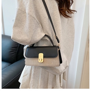 Fashionable model posing with a contrast color crossbody bag featuring gold hardware