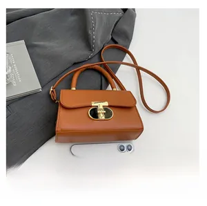 Brown box-style crossbody bag with gold oval buckle shown beside a phone for scale