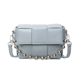 Blue woven lattice crossbody bag with silver bead chain and adjustable leather strap