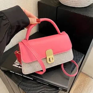 Sac Bandoulière Femme Cuir PU Couleur Contrastée Tissu Tissé Petit Sac à Main Carré Fermoir Rotatif Métal Rétro Travail