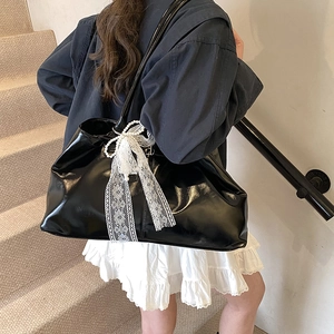 Retro black oil wax leather tote bag with lace bow and pearl chain detail for women
