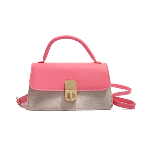 Pink and beige contrast handbag with lock buckle and detachable shoulder strap