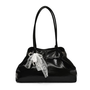 Vintage black oil wax leather tote bag with elegant lace bow pearl charm for women