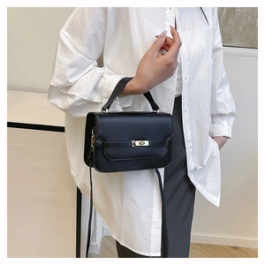 Classic black leather square handbag with golden twist lock worn with a white shirt