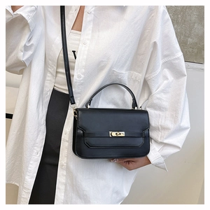 Detail of minimalist black faux leather bag with elegant golden rectangular metal lock
