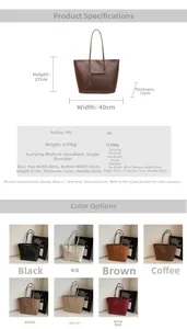 Detailed spec chart for a large PU leather tote bag showing 40x27x12cm dimensions
