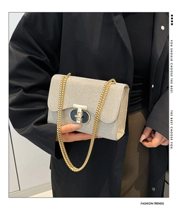 Gros plan sur le sac à paillettes champagne doré avec chaîne et fermoir en métal doré T-bar