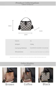 Size chart and details of retro printed bucket bag in brown, coffee, and black PU