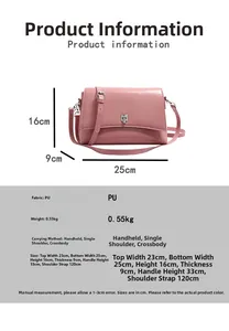 Detaillierte Infografik der rosa Leder-Umhängetasche mit präzisen Größenabmessungen