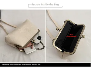 Detail showing inner main pocket of beige stone-textured crossbody shell bag with vintage frame