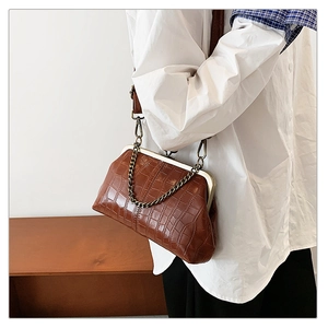 Brown crocodile texture vintage kiss-lock bag worn under the arm with chain detail