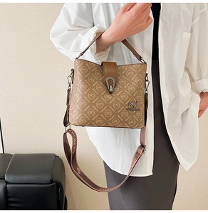Detailed macro view of vintage printed monogram pattern and kangaroo metal logo on the bag