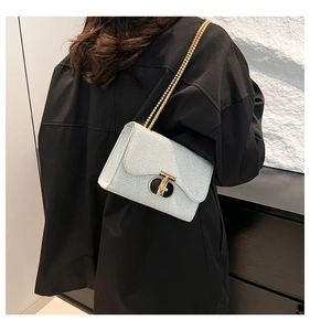 Détail du sac à paillettes avec boucle en T dorée et fine bandoulière à chaîne