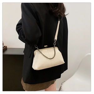 Close-up of stone textured crossbody bag with vintage metal clasp and chain strap