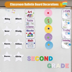 Dettaglio di stelle colorate e materie scolastiche per decorare la bacheca della classe