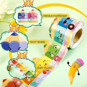Colorful pencil bulletin board border with wavy edges and cartoon emoji patterns
