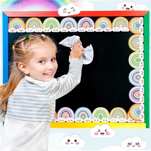 Rainbow bulletin board borders with cartoon clouds for classroom chalkboard decoration