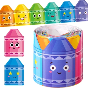Colorful crayon bulletin board border with cute smiley faces for classroom decoration