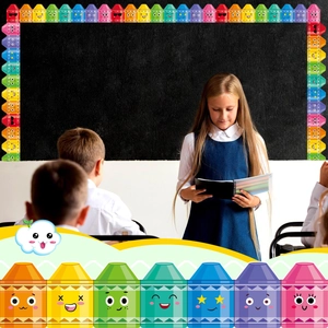 Colorful crayon bulletin board border for classroom decoration with cute emoji faces