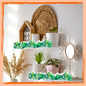 Scalloped bulletin board border with eucalyptus leaves and purple floral patterns