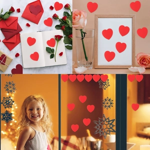 Collage of red heart paper cutouts and snowflakes used for Valentine's DIY gift decoration