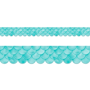 Close-up of blue scalloped fish scale bulletin board borders with sparkling glitter effect