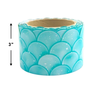 Detail of 3-inch teal scalloped bulletin board border with fish scale pattern