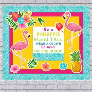 Tropical bulletin board set with pink flamingos, pineapple quotes and teal scalloped borders