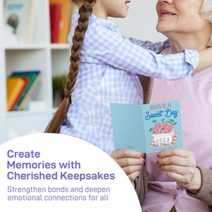 Elderly woman and young girl hugging while holding a sweet day Valentine's Day card