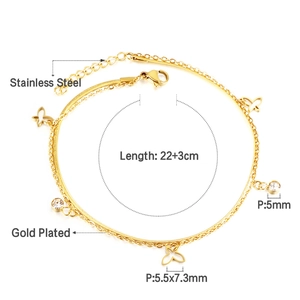 Double-layer 18k gold plated stainless steel anklet with butterfly and zircon charms