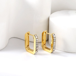 Gold plated stainless steel rectangular huggie earrings with clear baguette crystals