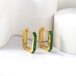 Gold stainless steel rectangular hoop earrings with green emerald-cut stones